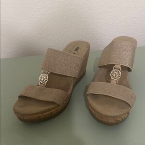 Anne Klein Shimmery Taupe Dual-Strap Wedge Sandals